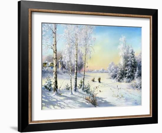 The Frozen Lake In Winter Village-balaikin2009-Framed Art Print