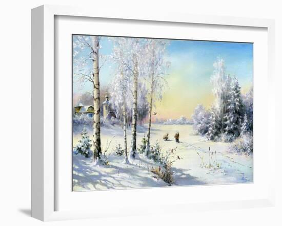 The Frozen Lake In Winter Village-balaikin2009-Framed Art Print