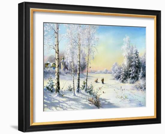The Frozen Lake In Winter Village-balaikin2009-Framed Art Print