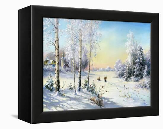 The Frozen Lake In Winter Village-balaikin2009-Framed Stretched Canvas