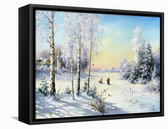 The Frozen Lake In Winter Village-balaikin2009-Framed Stretched Canvas