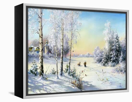 The Frozen Lake In Winter Village-balaikin2009-Framed Stretched Canvas