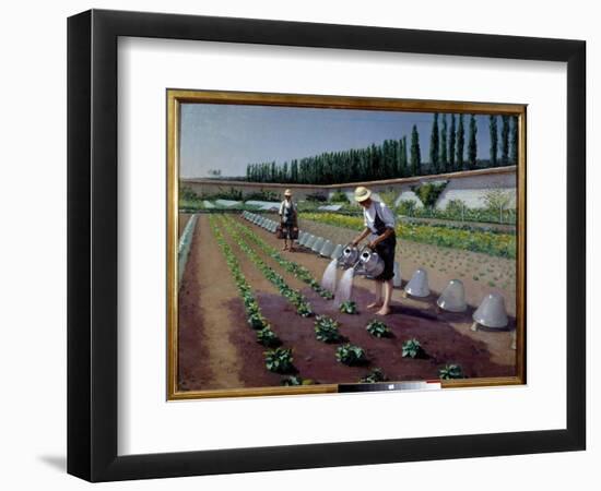 The Gardeners. Two Men with their Watering Cans Irrigate their Plantation. near Them, Glass Bells U-Gustave Caillebotte-Framed Giclee Print