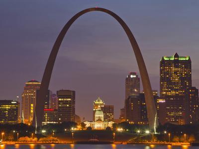 The Gateway Arch and St Louis Skyline Reflect into the Mississippi River, St Louis, Missouri ...