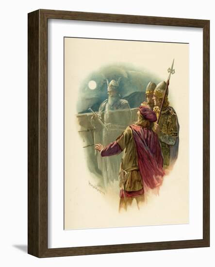 The Ghost of Hamlet's Father Appears on the Battlements of Elsinore and Alarms the Sentries-Harold Copping-Framed Art Print