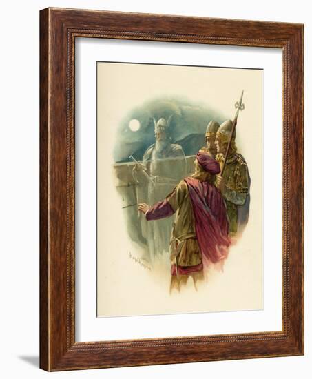 The Ghost of Hamlet's Father Appears on the Battlements of Elsinore and Alarms the Sentries-Harold Copping-Framed Art Print