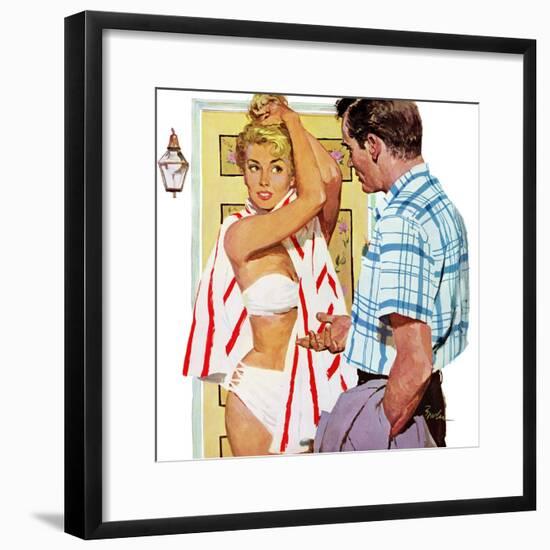 The Girl Who Took Sunbaths - Saturday Evening Post "Leading Ladies", February 1, 1958 pg.30-Joe Bowler-Framed Giclee Print