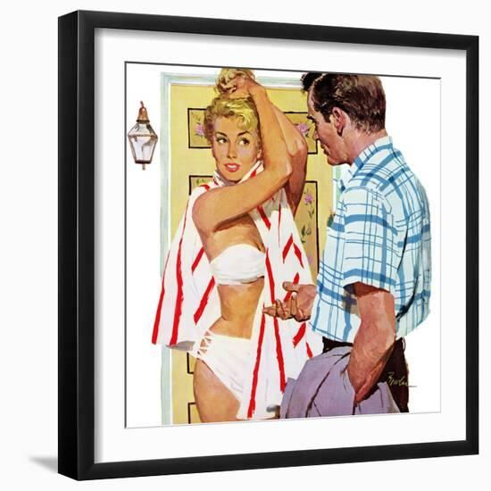 The Girl Who Took Sunbaths - Saturday Evening Post "Leading Ladies", February 1, 1958 pg.30-Joe Bowler-Framed Giclee Print