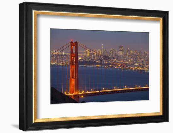 The Golden Gate Bridge and San Francisco Skyline at Night-Miles-Framed Photographic Print