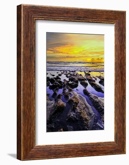 The golden setting sun reflects a gold glow on the beach at Pererenan Beach, Bali, Indonesia-Greg Johnston-Framed Photographic Print