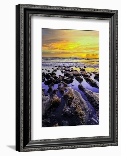 The golden setting sun reflects a gold glow on the beach at Pererenan Beach, Bali, Indonesia-Greg Johnston-Framed Photographic Print