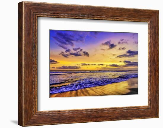 The golden setting sun reflects a gold glow on the beach at Pererenan Beach, Bali, Indonesia-Greg Johnston-Framed Photographic Print