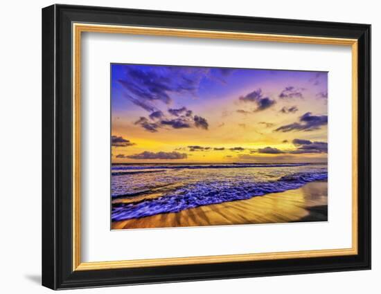 The golden setting sun reflects a gold glow on the beach at Pererenan Beach, Bali, Indonesia-Greg Johnston-Framed Photographic Print