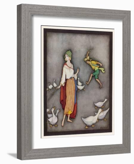 The Goose Girl Brings Her Geese into Line-Jennie Harbour-Framed Art Print