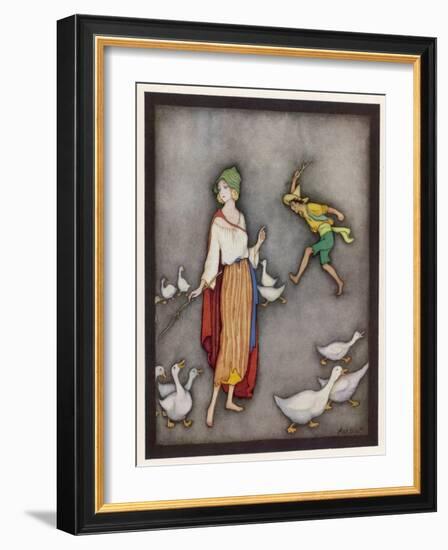 The Goose Girl Brings Her Geese into Line-Jennie Harbour-Framed Art Print