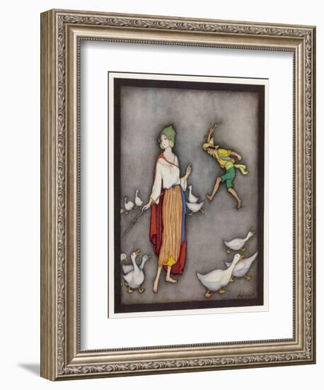 The Goose Girl Brings Her Geese into Line-Jennie Harbour-Framed Art Print