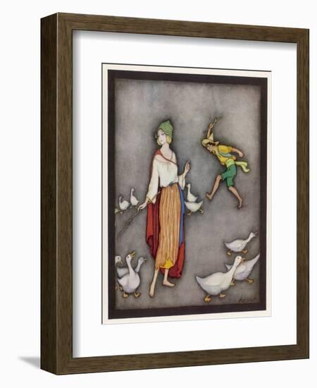 The Goose Girl Brings Her Geese into Line-Jennie Harbour-Framed Art Print