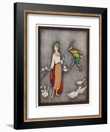 The Goose Girl Brings Her Geese into Line-Jennie Harbour-Framed Art Print