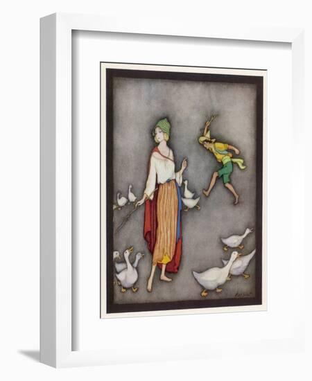 The Goose Girl Brings Her Geese into Line-Jennie Harbour-Framed Art Print