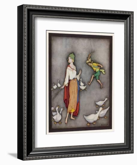 The Goose Girl Brings Her Geese into Line-Jennie Harbour-Framed Art Print