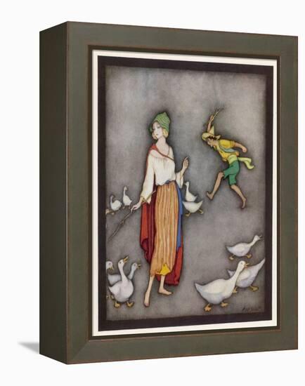 The Goose Girl Brings Her Geese into Line-Jennie Harbour-Framed Stretched Canvas