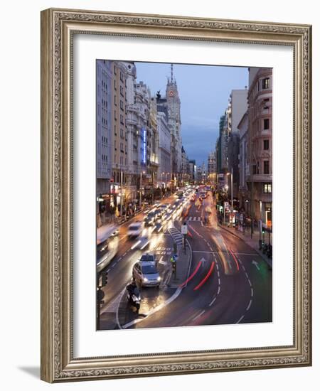 The Gran Via at Dusk, Madrid, Spain, Europe-Angelo Cavalli-Framed Photographic Print