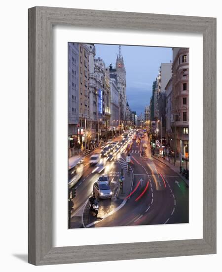 The Gran Via at Dusk, Madrid, Spain, Europe-Angelo Cavalli-Framed Photographic Print
