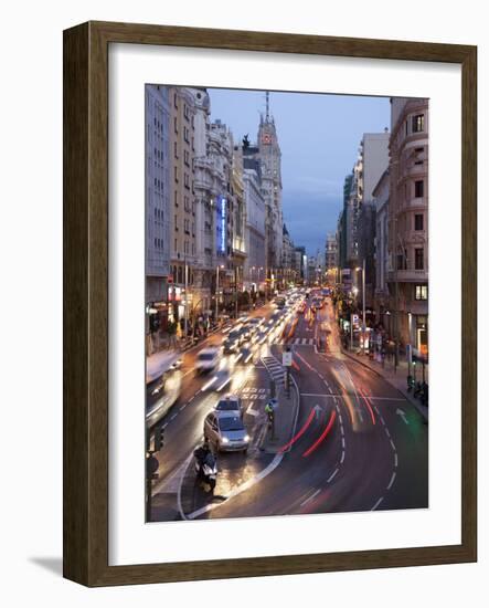 The Gran Via at Dusk, Madrid, Spain, Europe-Angelo Cavalli-Framed Photographic Print