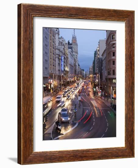 The Gran Via at Dusk, Madrid, Spain, Europe-Angelo Cavalli-Framed Photographic Print