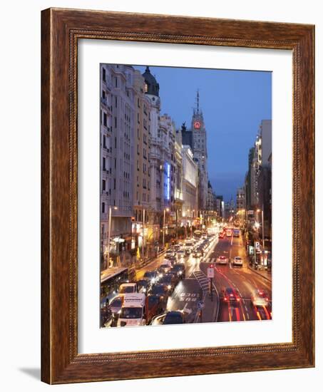 The Gran Via at Dusk, Madrid, Spain, Europe-Angelo Cavalli-Framed Photographic Print