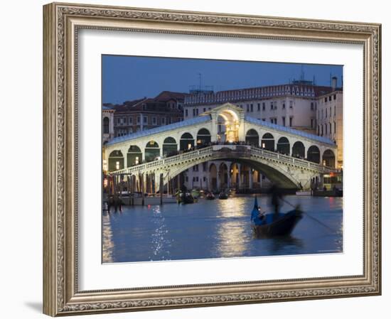 The Grand Canal, the Rialto Bridge and Gondolas at Night, Venice, Veneto, Italy-Christian Kober-Framed Photographic Print