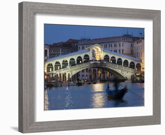 The Grand Canal, the Rialto Bridge and Gondolas at Night, Venice, Veneto, Italy-Christian Kober-Framed Photographic Print