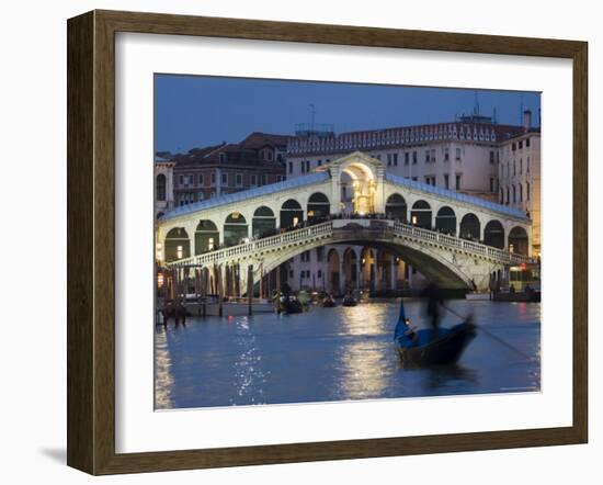 The Grand Canal, the Rialto Bridge and Gondolas at Night, Venice, Veneto, Italy-Christian Kober-Framed Photographic Print