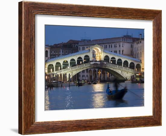 The Grand Canal, the Rialto Bridge and Gondolas at Night, Venice, Veneto, Italy-Christian Kober-Framed Photographic Print