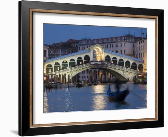 The Grand Canal, the Rialto Bridge and Gondolas at Night, Venice, Veneto, Italy-Christian Kober-Framed Photographic Print