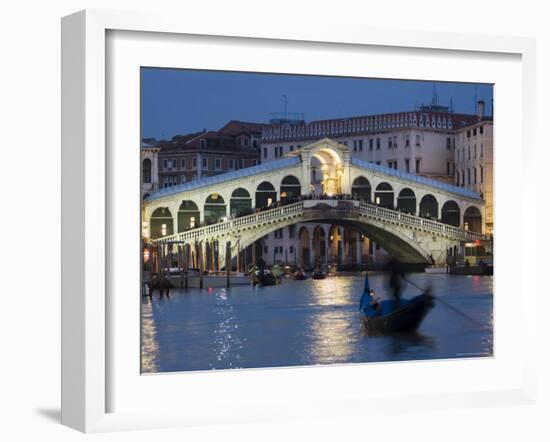 The Grand Canal, the Rialto Bridge and Gondolas at Night, Venice, Veneto, Italy-Christian Kober-Framed Photographic Print