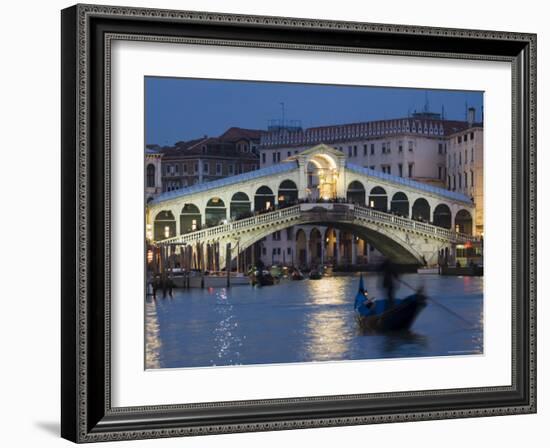 The Grand Canal, the Rialto Bridge and Gondolas at Night, Venice, Veneto, Italy-Christian Kober-Framed Photographic Print