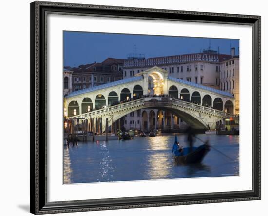 The Grand Canal, the Rialto Bridge and Gondolas at Night, Venice, Veneto, Italy-Christian Kober-Framed Photographic Print