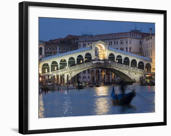 The Grand Canal, the Rialto Bridge and Gondolas at Night, Venice, Veneto, Italy-Christian Kober-Framed Photographic Print