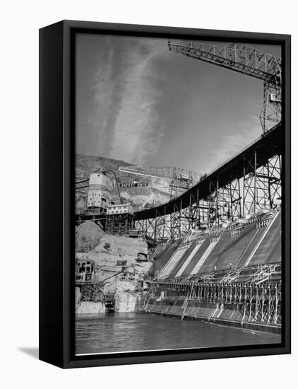 The Grand Coulee Dam under Construction with a Sign in the Bkgrd. That Says: "Safety Pays"-Alfred Eisenstaedt-Framed Premier Image Canvas