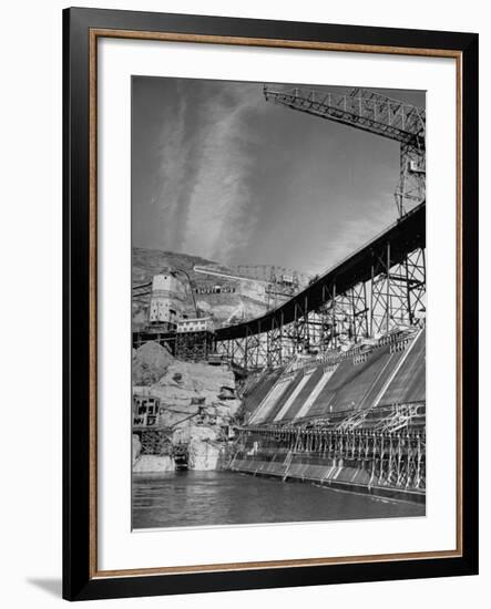 The Grand Coulee Dam under Construction with a Sign in the Bkgrd. That Says: "Safety Pays"-Alfred Eisenstaedt-Framed Premium Photographic Print