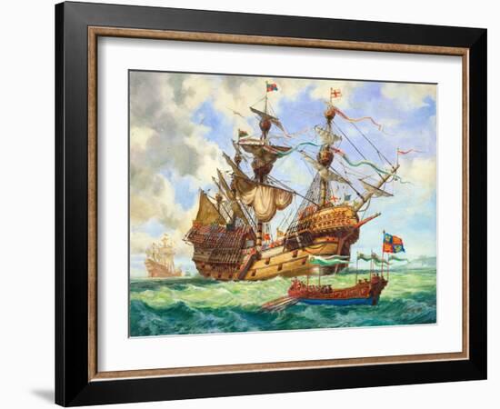 The Great Harry, Flagship of King Henry's Fleet, Sporting Many of its 251 Guns-C.l. Doughty-Framed Giclee Print