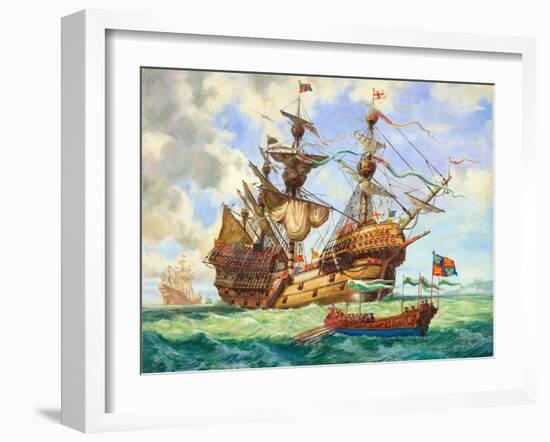 The Great Harry, Flagship of King Henry's Fleet, Sporting Many of its 251 Guns-C.l. Doughty-Framed Giclee Print