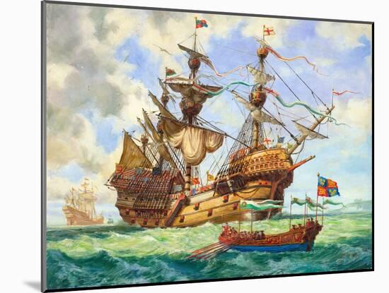 The Great Harry, Flagship of King Henry's Fleet, Sporting Many of its 251 Guns-C.l. Doughty-Mounted Giclee Print