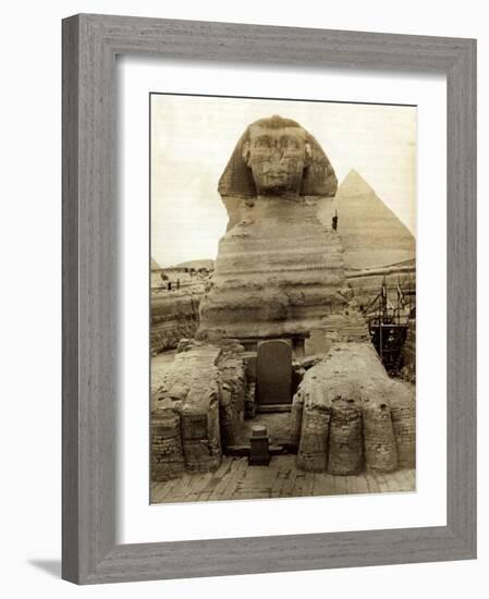 The Great Sphinx Guarding the Pyramids Egypt Statue, c.1910-null-Framed Photographic Print