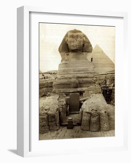 The Great Sphinx Guarding the Pyramids Egypt Statue, c.1910-null-Framed Photographic Print