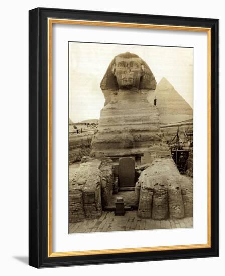 The Great Sphinx Guarding the Pyramids Egypt Statue, c.1910-null-Framed Photographic Print