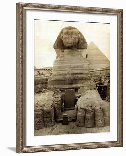 The Great Sphinx Guarding the Pyramids Egypt Statue, c.1910-null-Framed Photographic Print