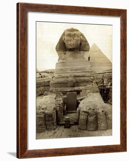 The Great Sphinx Guarding the Pyramids Egypt Statue, c.1910-null-Framed Photographic Print