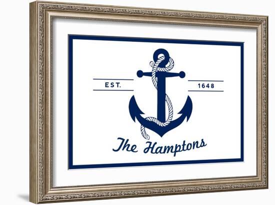 The Hamptons, New York - Blue and White Anchor-Lantern Press-Framed Art Print